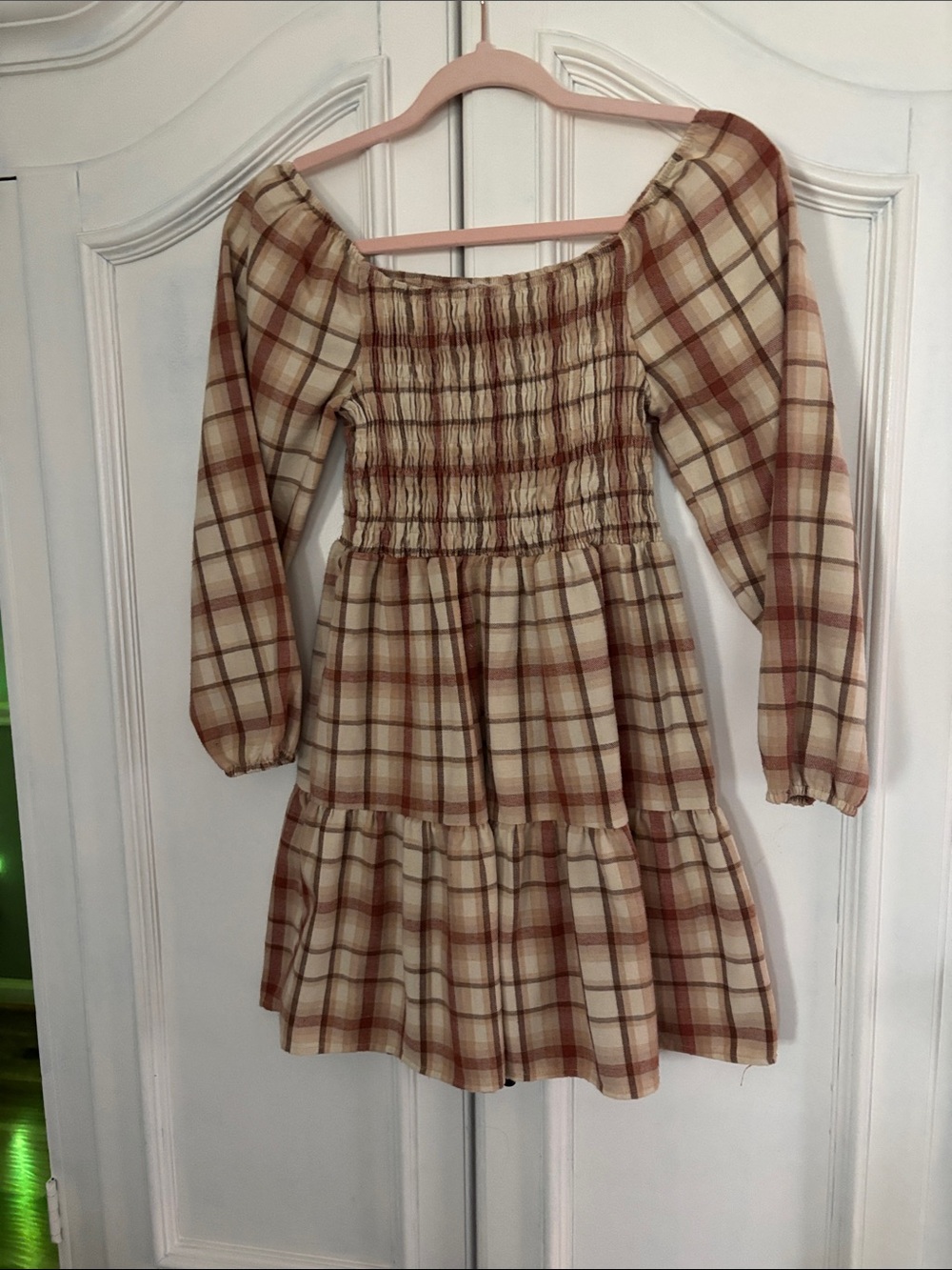 btween Cream and Tan Plaid Smocked Tiered Dress